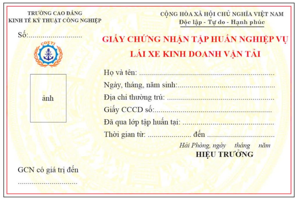 Chứng chỉ tập huấn nghiệp vụ lái xe kinh doanh vận tải